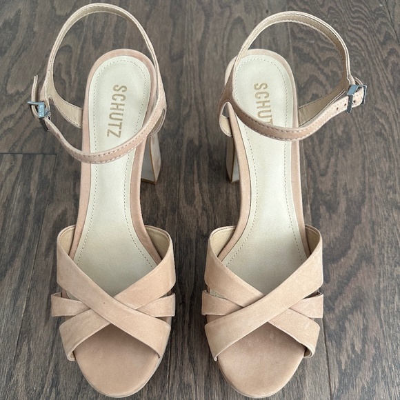 Schutz Keefa Platform High Heeled Chunky Sandal Peep Toe Honey Beige Nubuck Sz 9 - Picture 3 of 8